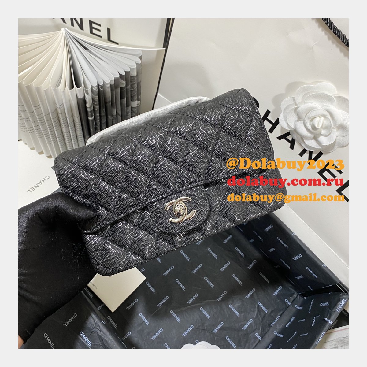 7 Star CC Lambskin Flap Designer Black Bag 20CM