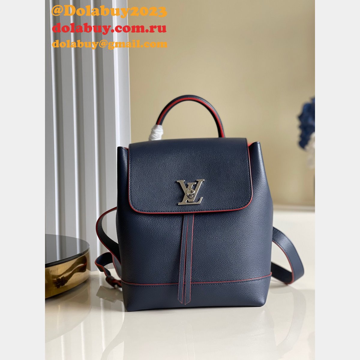 Louis Vuitton M41815 Backpack Lockme Leather NavyBlue/Black/Apricot/Red