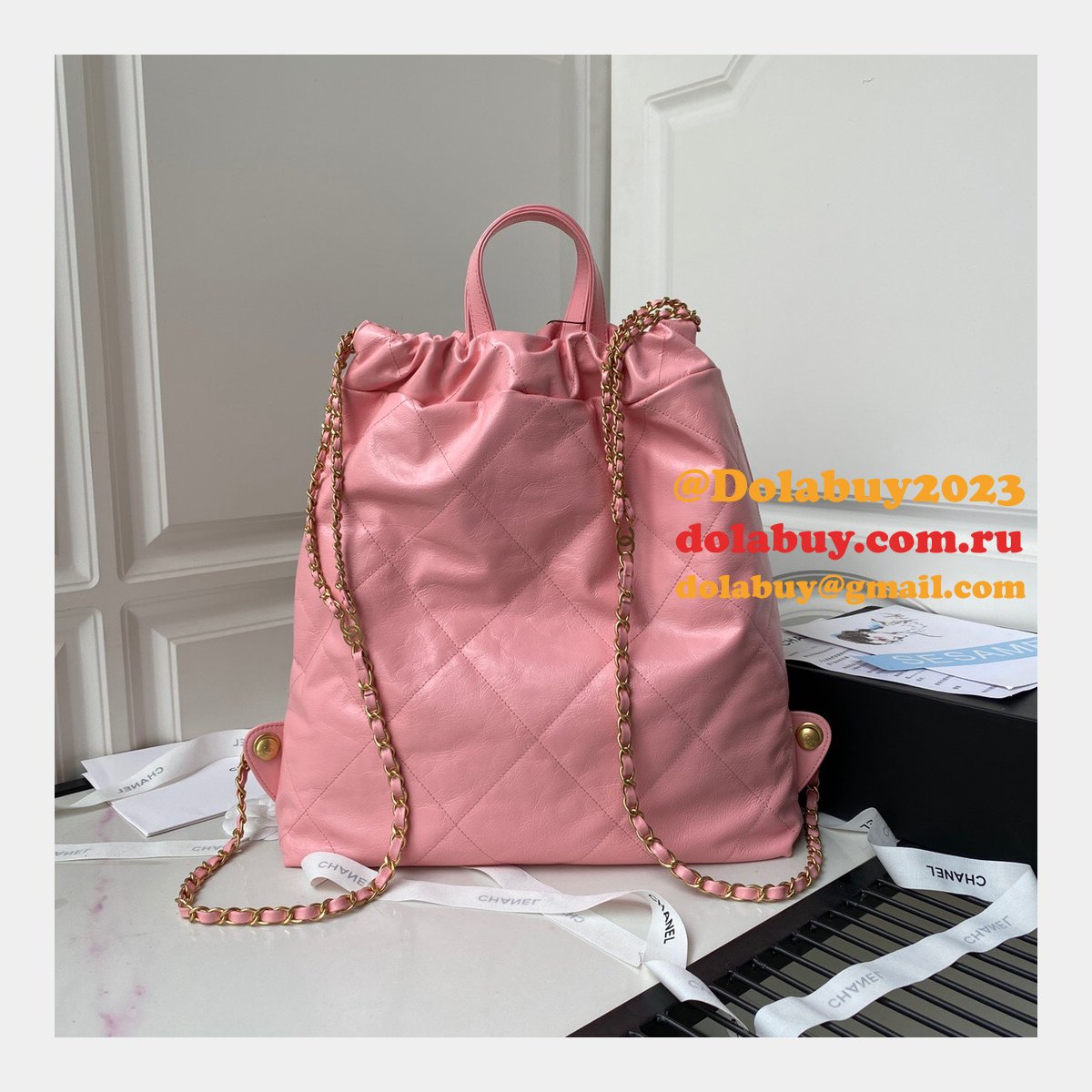 Designer 22 Replica Backpack Shiny Calfskin AS3313 Gold-Tone Metal