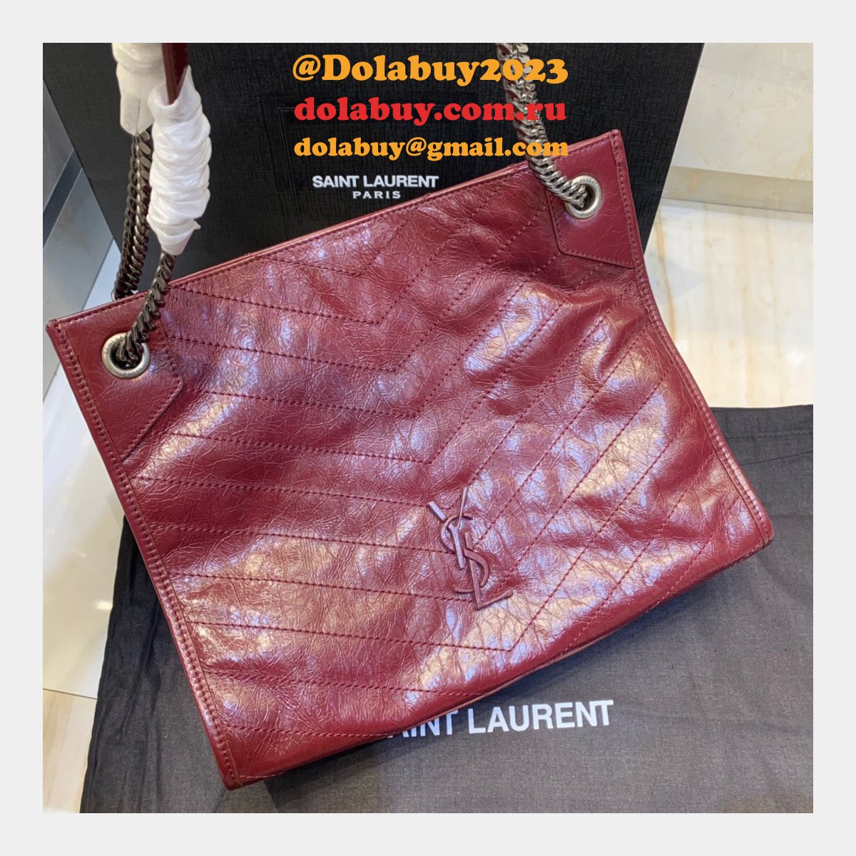 Replica YSL NIKI red shopping bag in crinkled vintage leather
