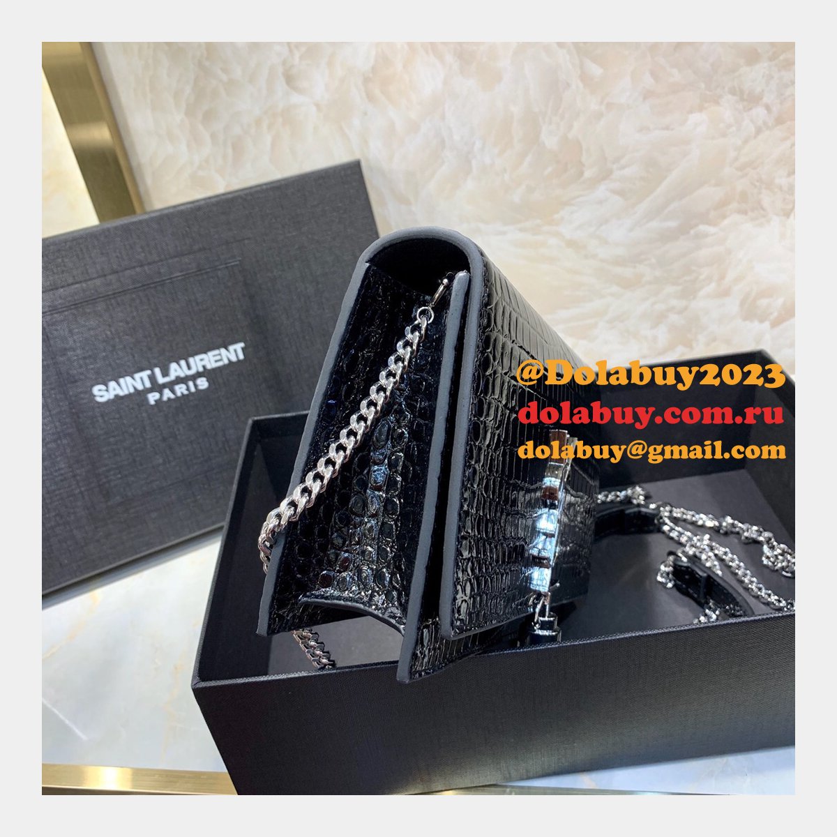 Replicas YSL Monogram chain wallet black 19cm grain de poudre