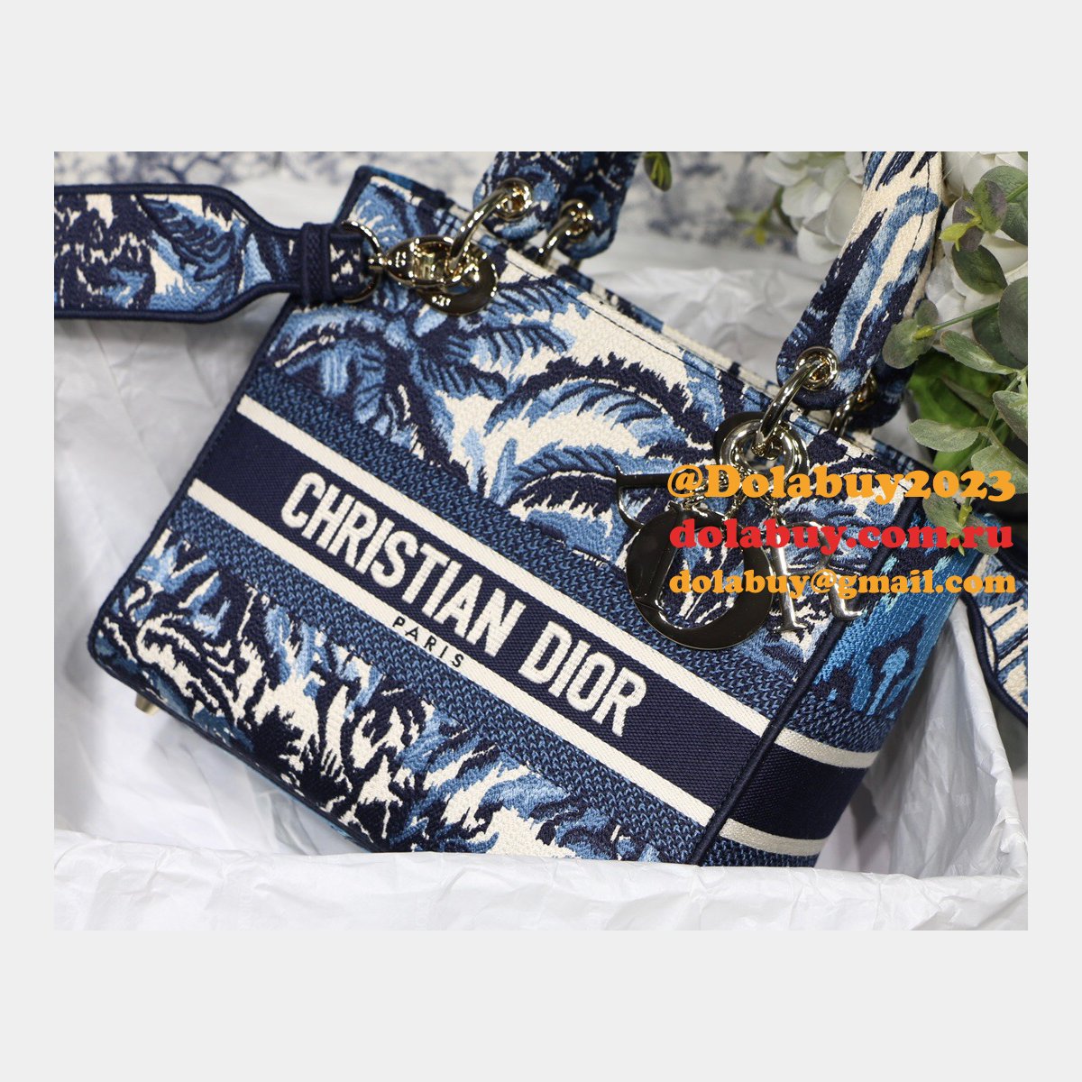 Blue Top QualityLady Dior 24cm Palms Embroidery Lady D-Lite Bags