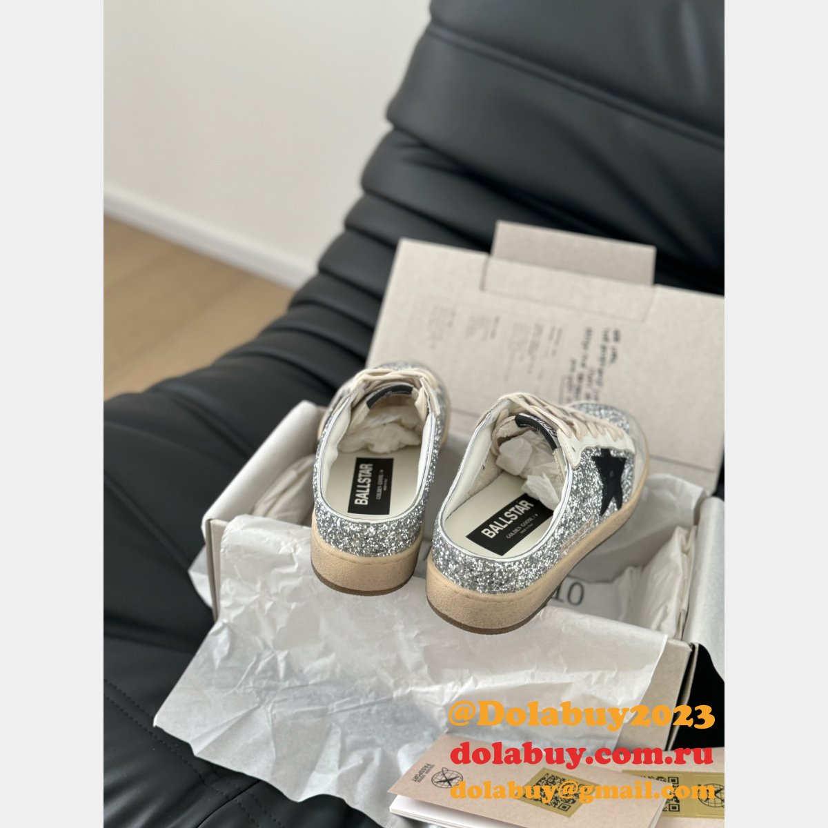 Luxury Super-Star Sabots with platinum star and ice-gray suede tongue