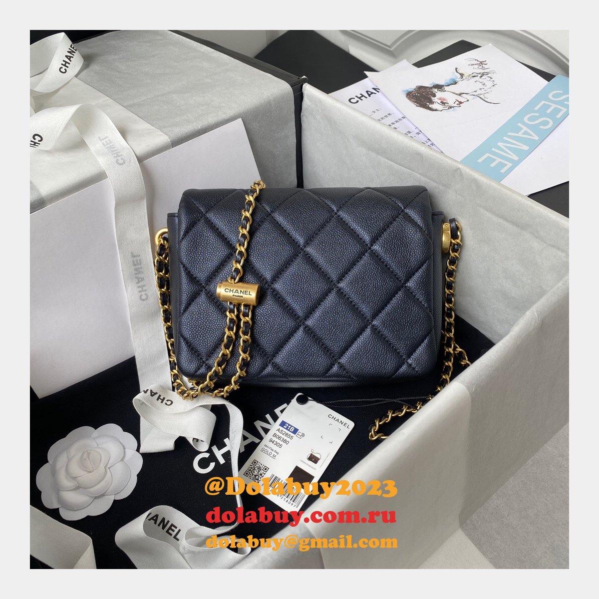High Quality Designer Replica Mini AS2855 Flap Bag Iridescent Grained Calfskin & Gold-Tone Metal