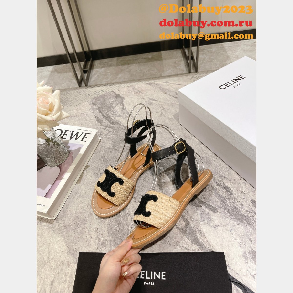 Top Quality Celine LYMPIA FLAT STRAP SANDAL in RAFFIA & CALFSKIN
