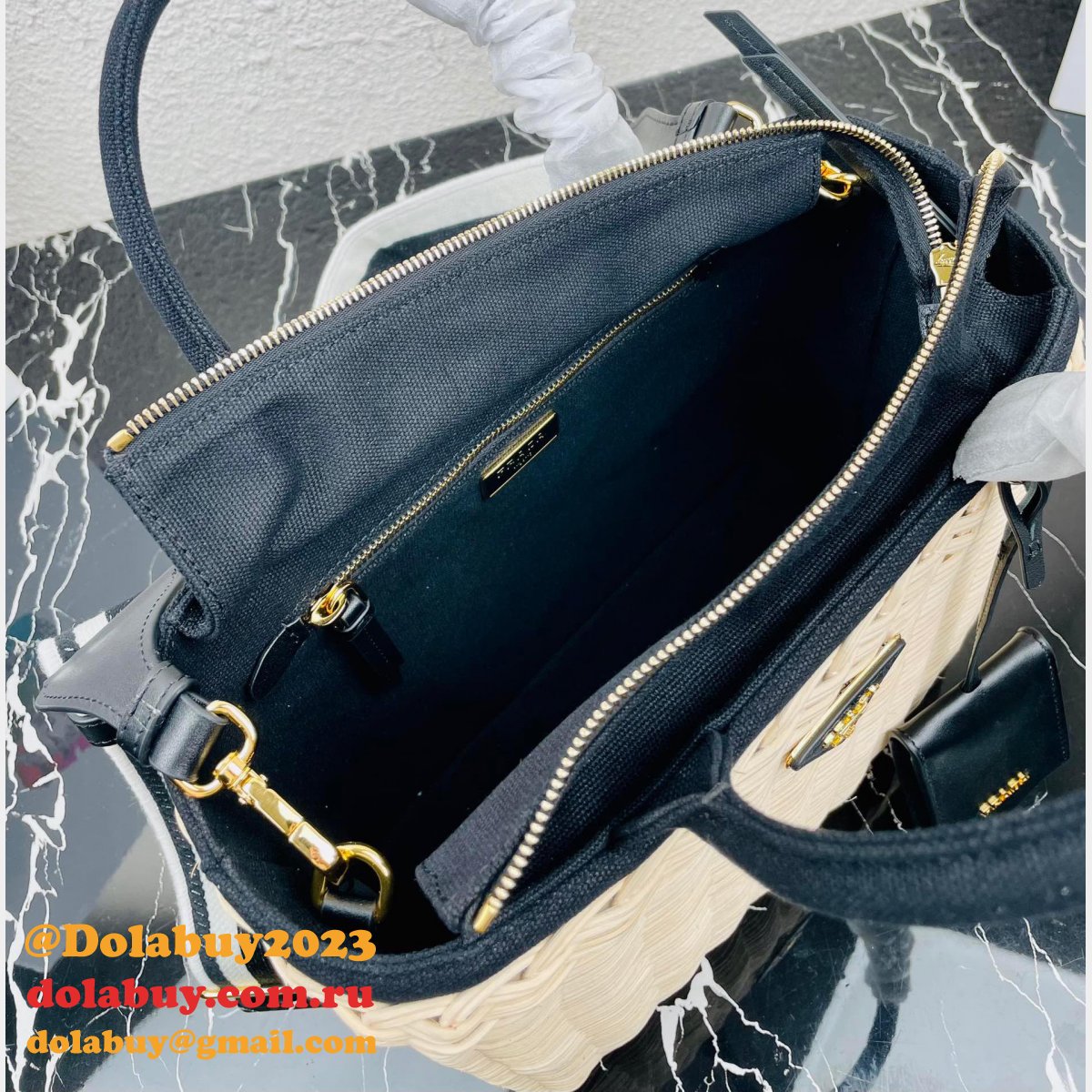 Top Quality Best prada Wicker and canvas tote bag
