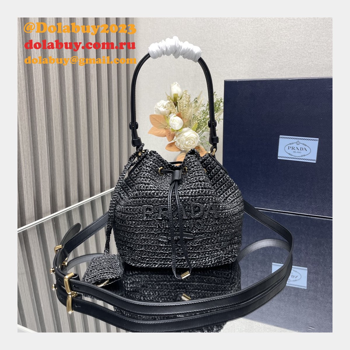 Top Quality Prada Woven drawstring bucket bag 1BE068