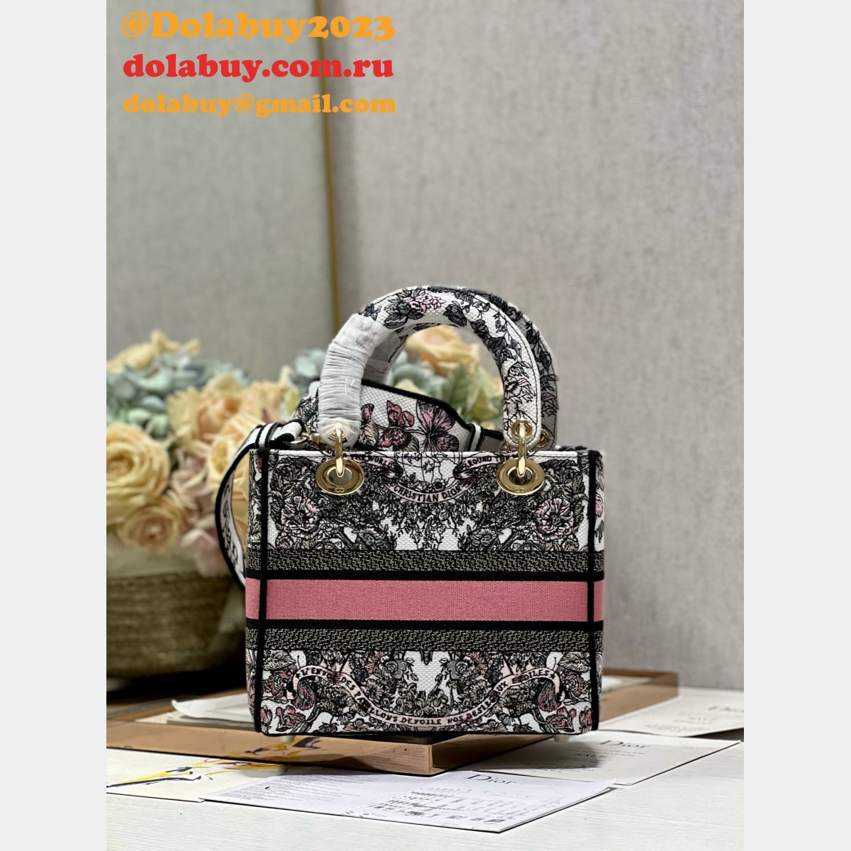 Blue/Pink Christian Dior Fake 9027 Five Grid Embroidery Lady Bag