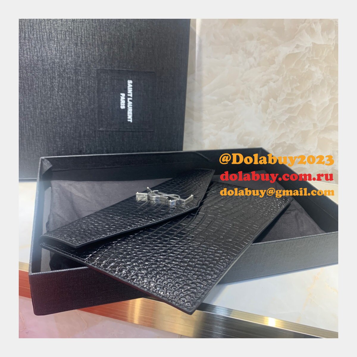 YSL Top Quality Clutch in embossed crocodile shiny black leather