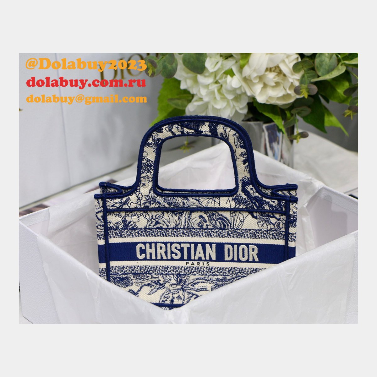 Top Quality Dior Replica Mini Book Tote Bag 22CM Canvas Embroidered