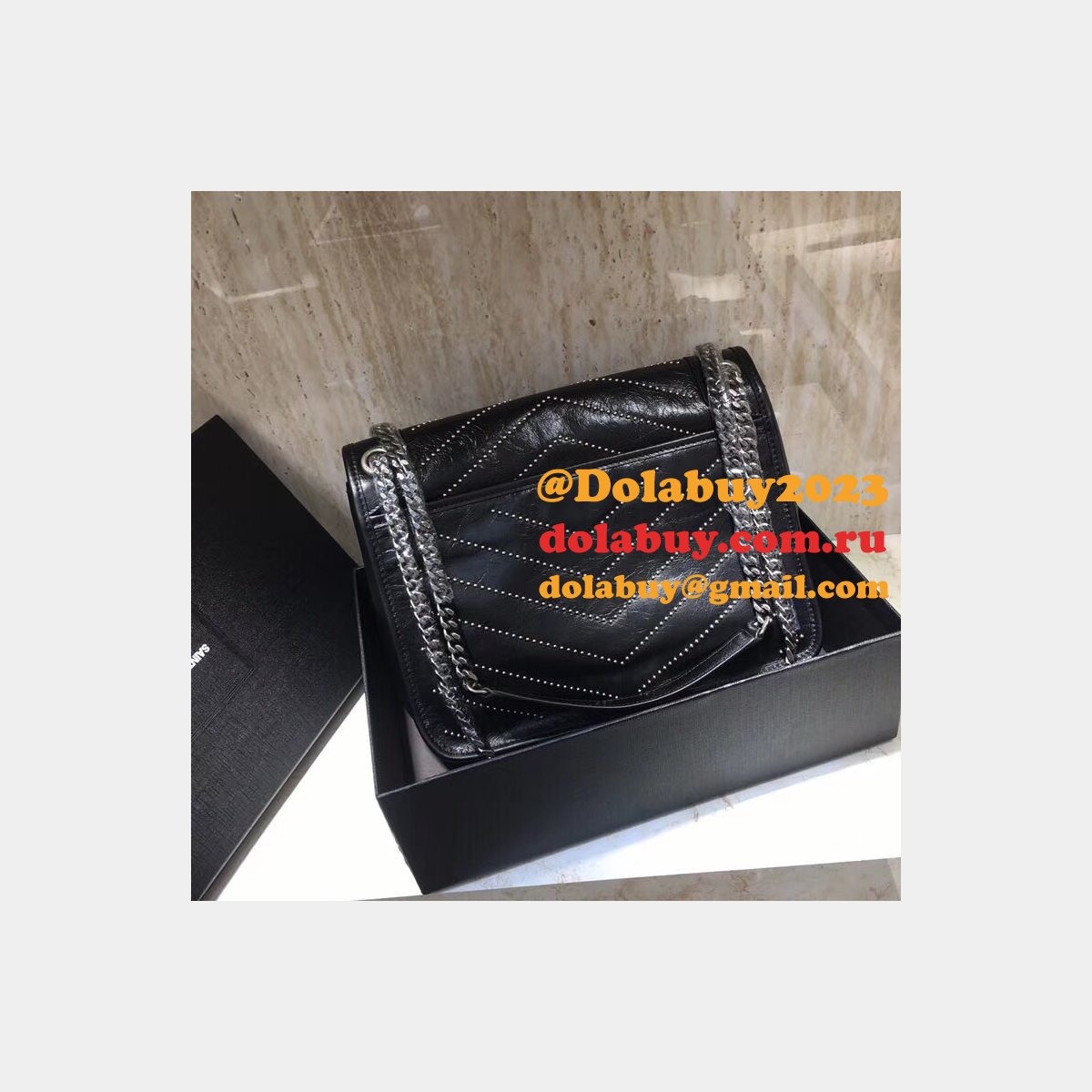 Top Quality YSL Niki 28CM crinkled vintage black leather