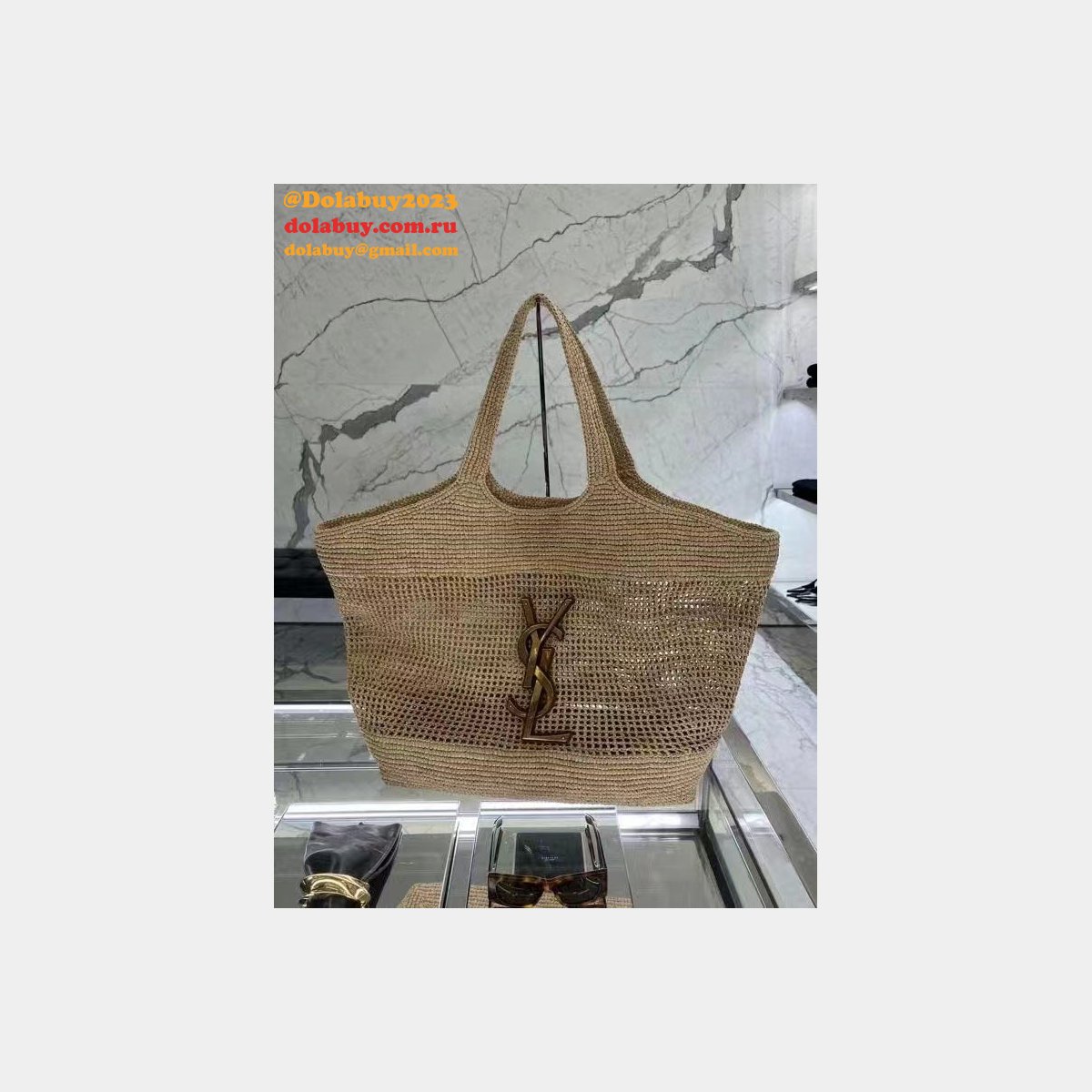 Top Quality YSL I CARE 698651 raffia weaving shopping bag