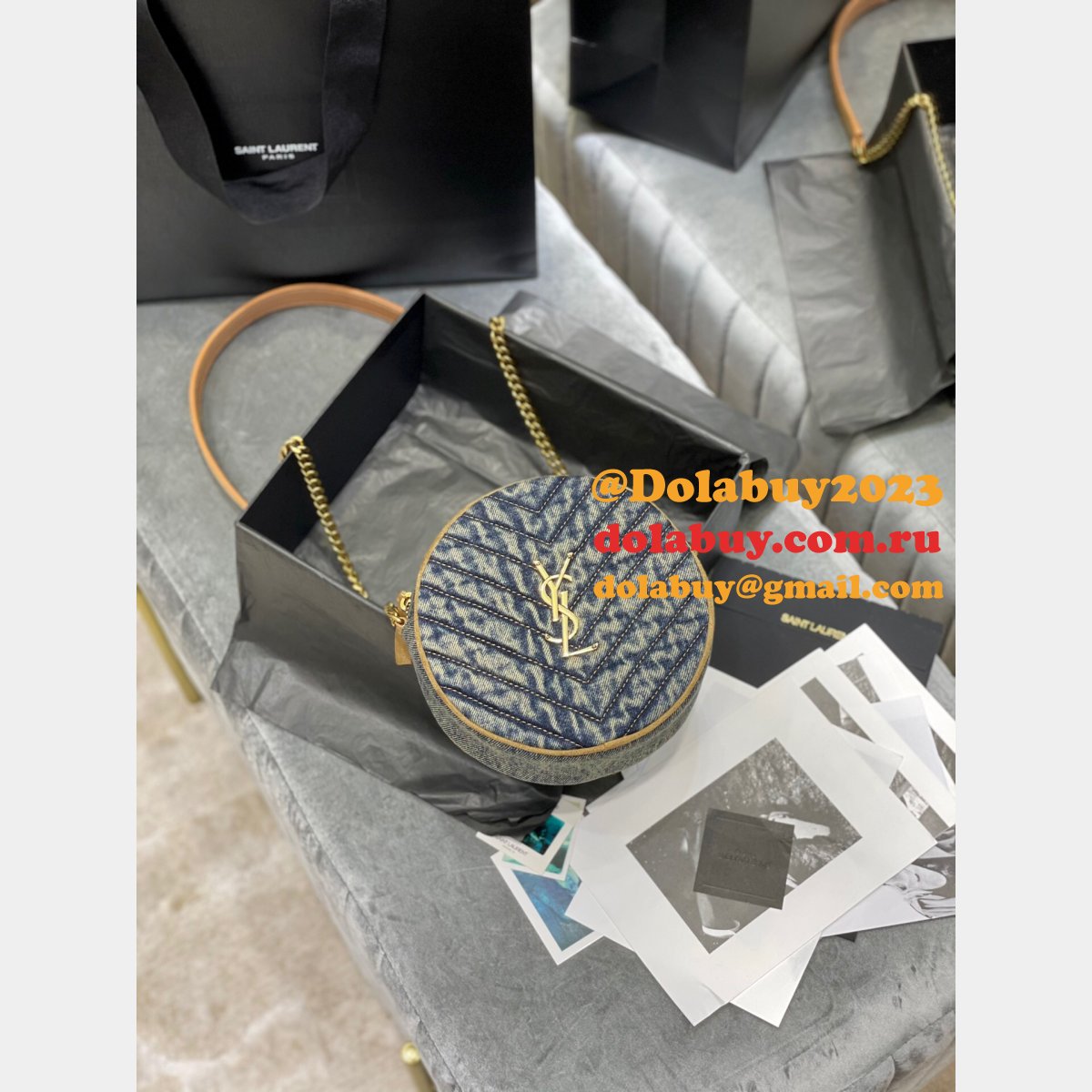 Saint Laurent Fake Vinyle round camera bag 610436 chevron-quilted