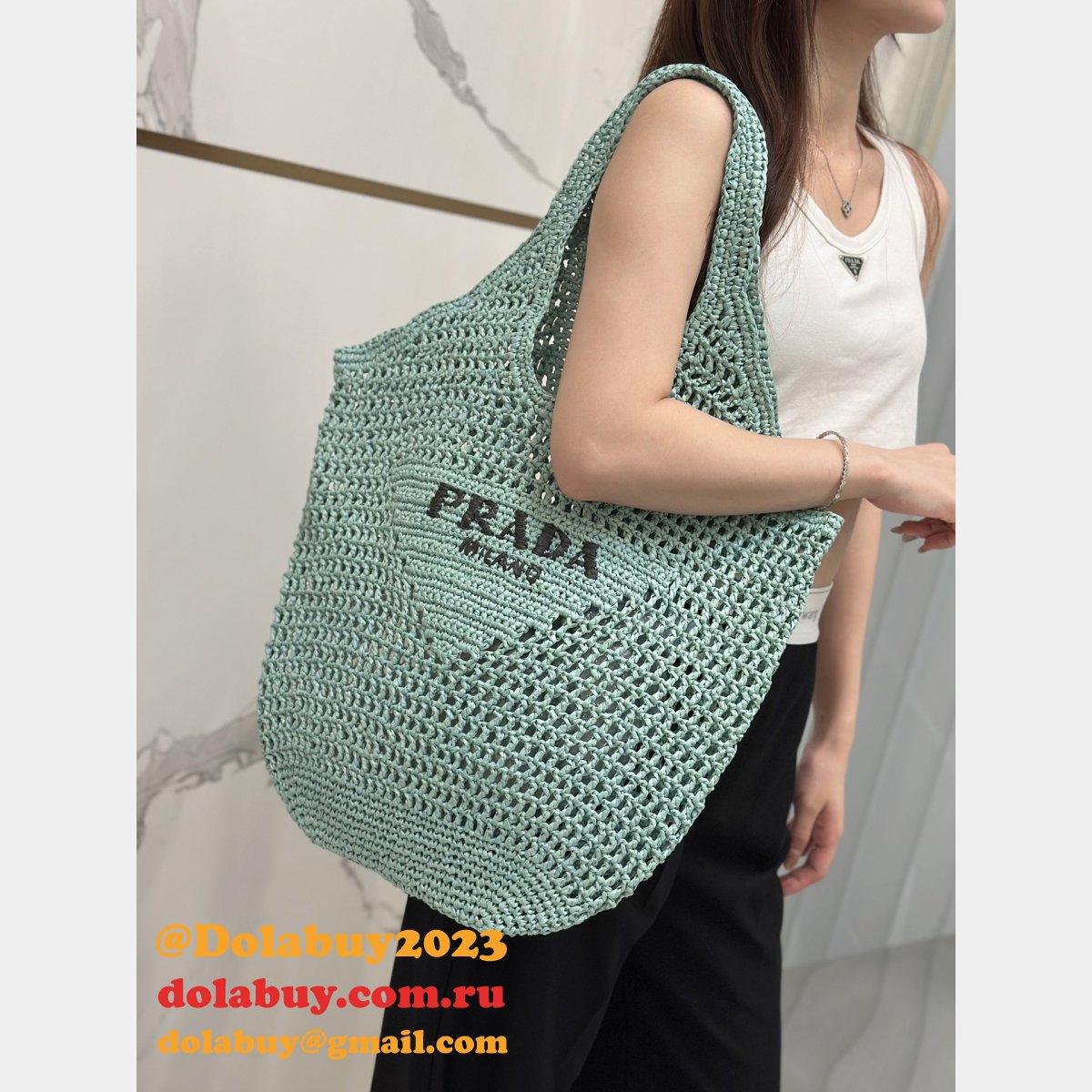 Duplicate prada raffia woven tote bag large 1BG424