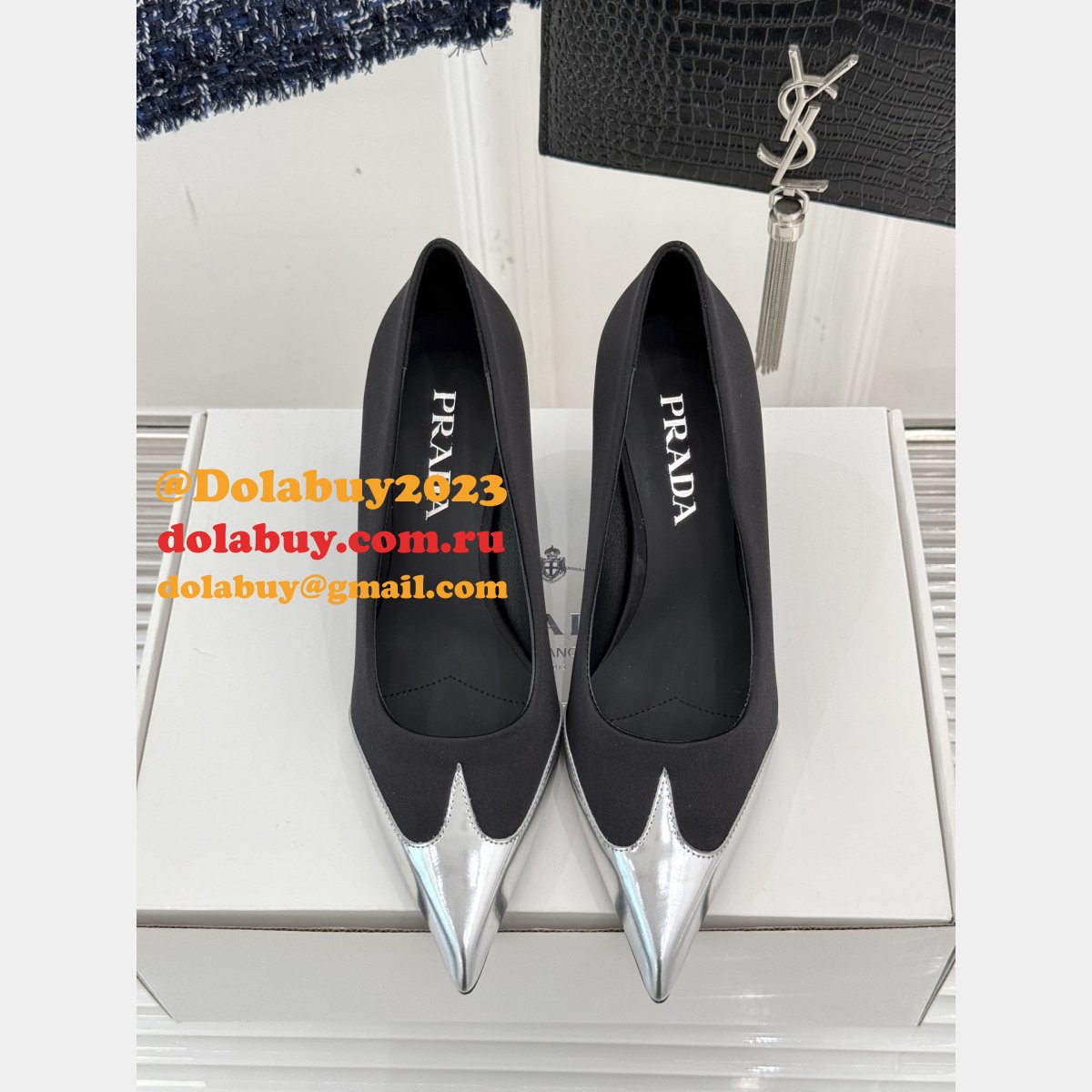 7 Star Prada Satin And Metallic Leather Pumps