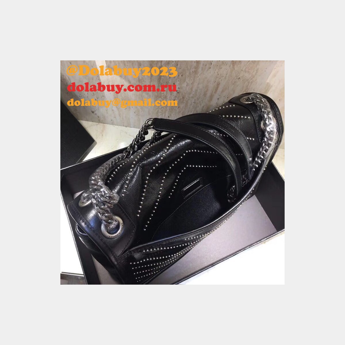 Top Quality YSL Niki 28CM crinkled vintage black leather