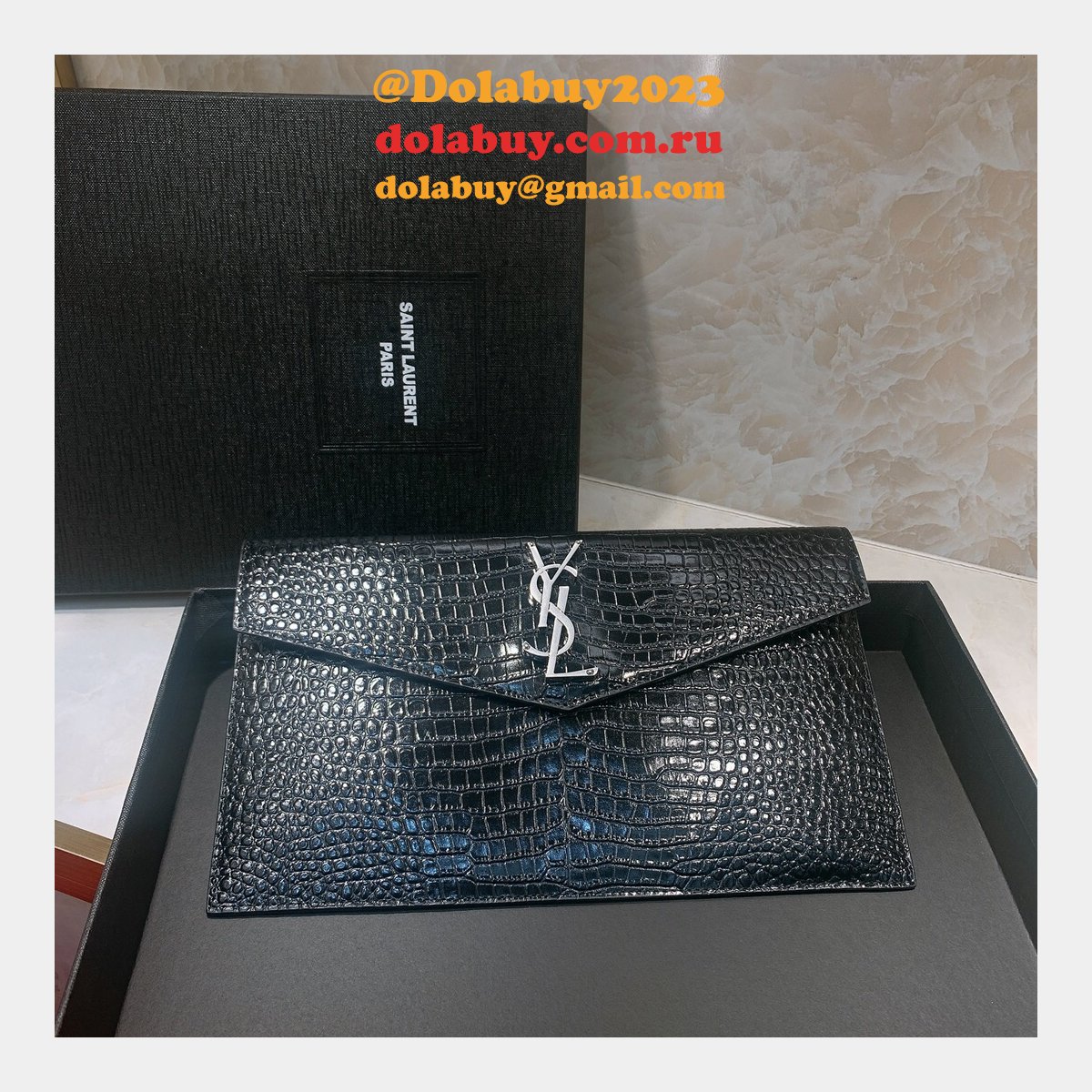 YSL Top Quality Clutch in embossed crocodile shiny black leather