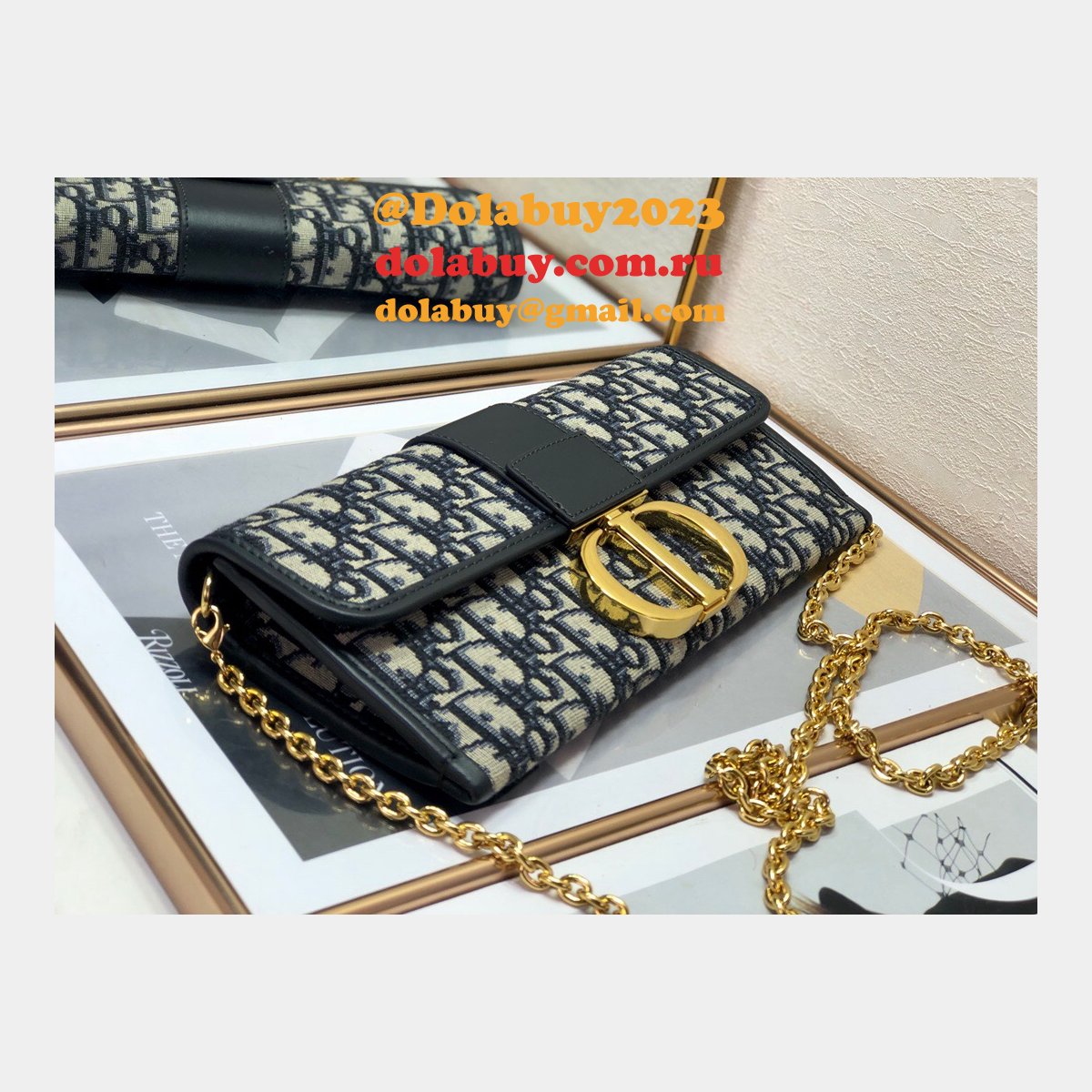 Replica Dior Oblique Saddle Chain Wallet Blue