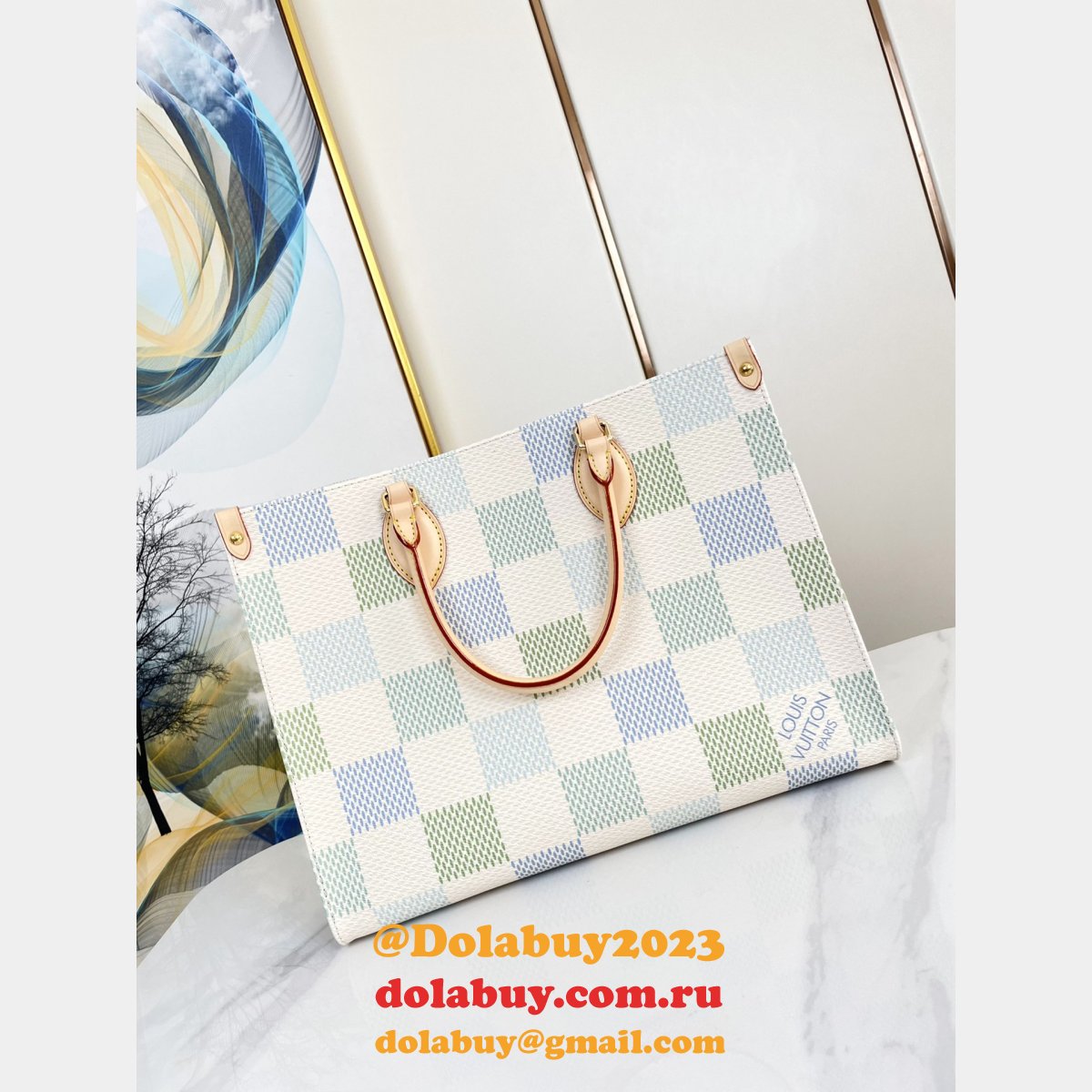 New Louis Vuitton On the Go N40518 Blue Pastel Damier Tote Knockoff Bag