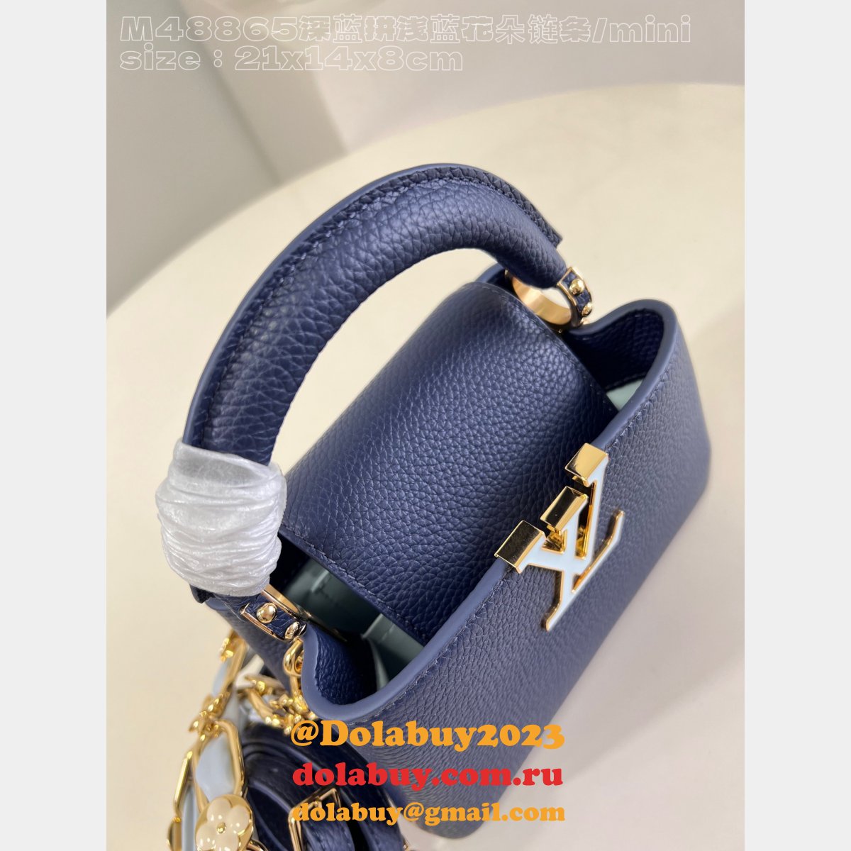 Louis Vuitton M48865 Dark Blue Light Flower Chain Capucines Replica Handbag