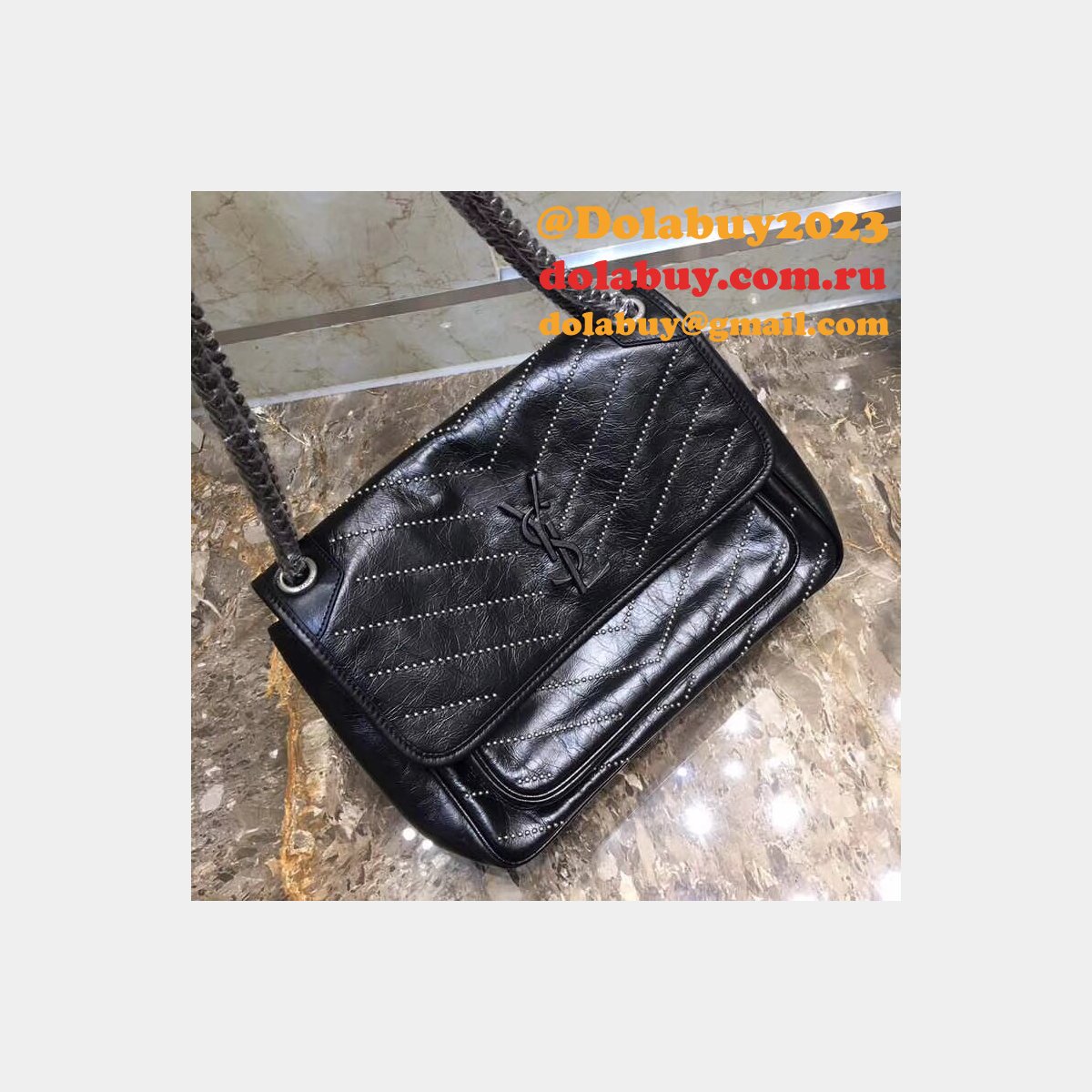Top Quality YSL Niki 28CM crinkled vintage black leather