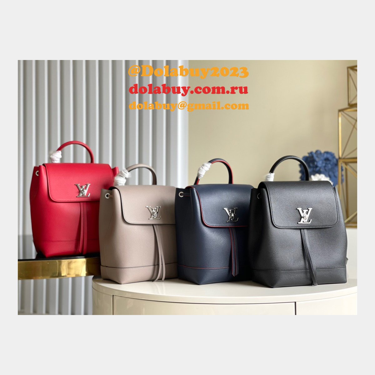 Louis Vuitton M41815 Backpack Lockme Leather NavyBlue/Black/Apricot/Red