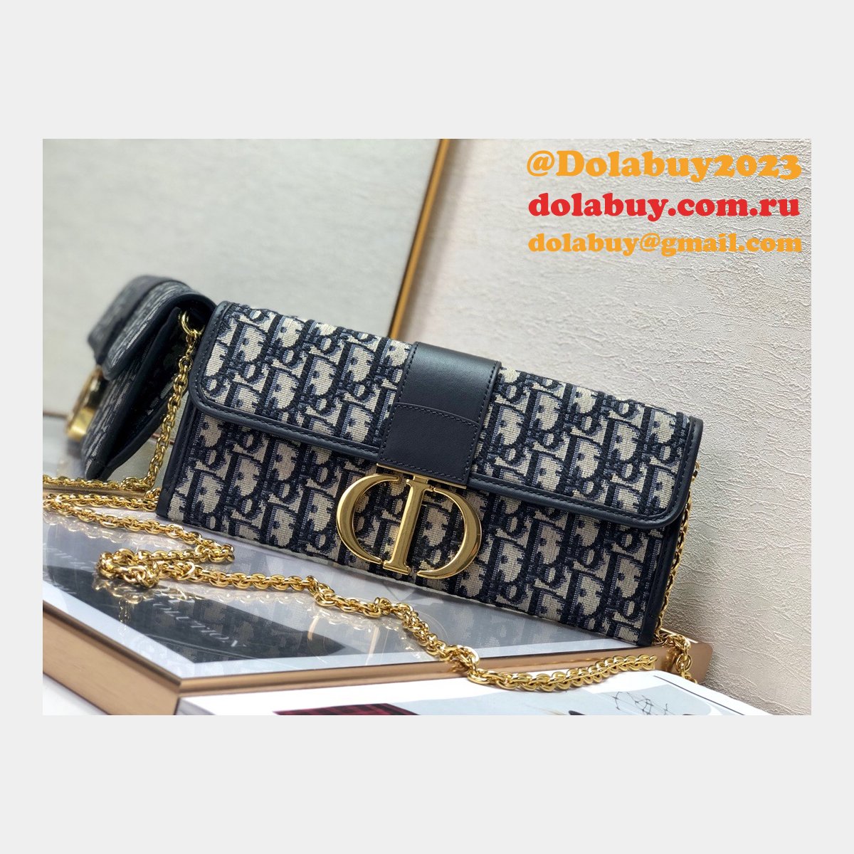 Replica Dior Oblique Saddle Chain Wallet Blue