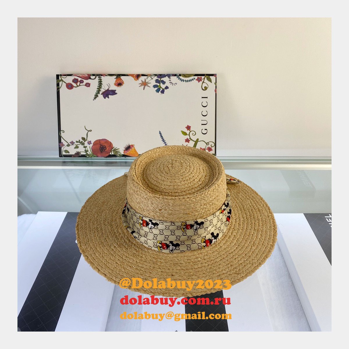 G*u*i replica 2020 mickey ribbon raffia uk hat