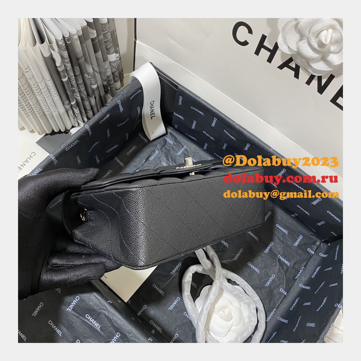 7 Star CC Lambskin Flap Designer Black Bag 20CM