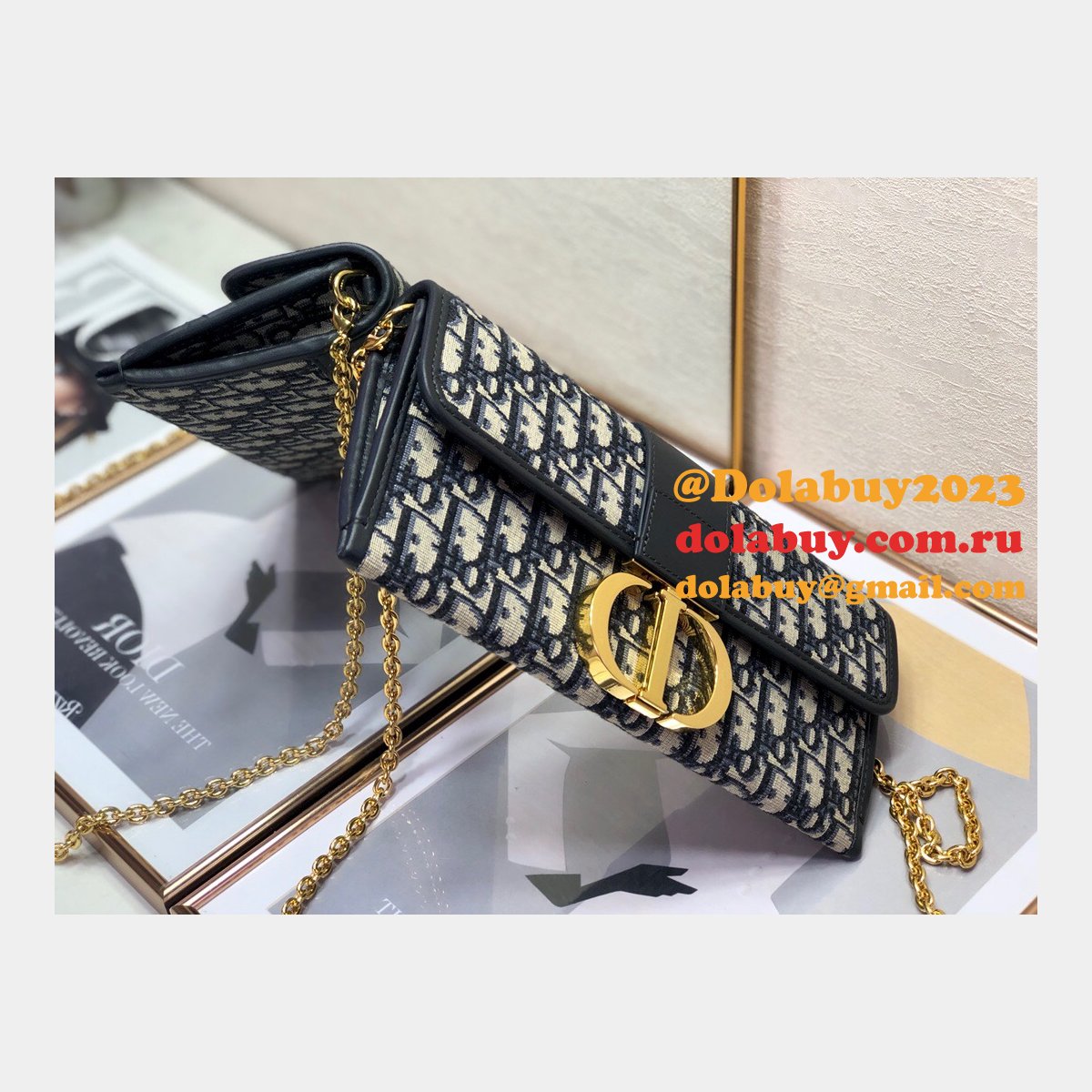Replica Dior Oblique Saddle Chain Wallet Blue