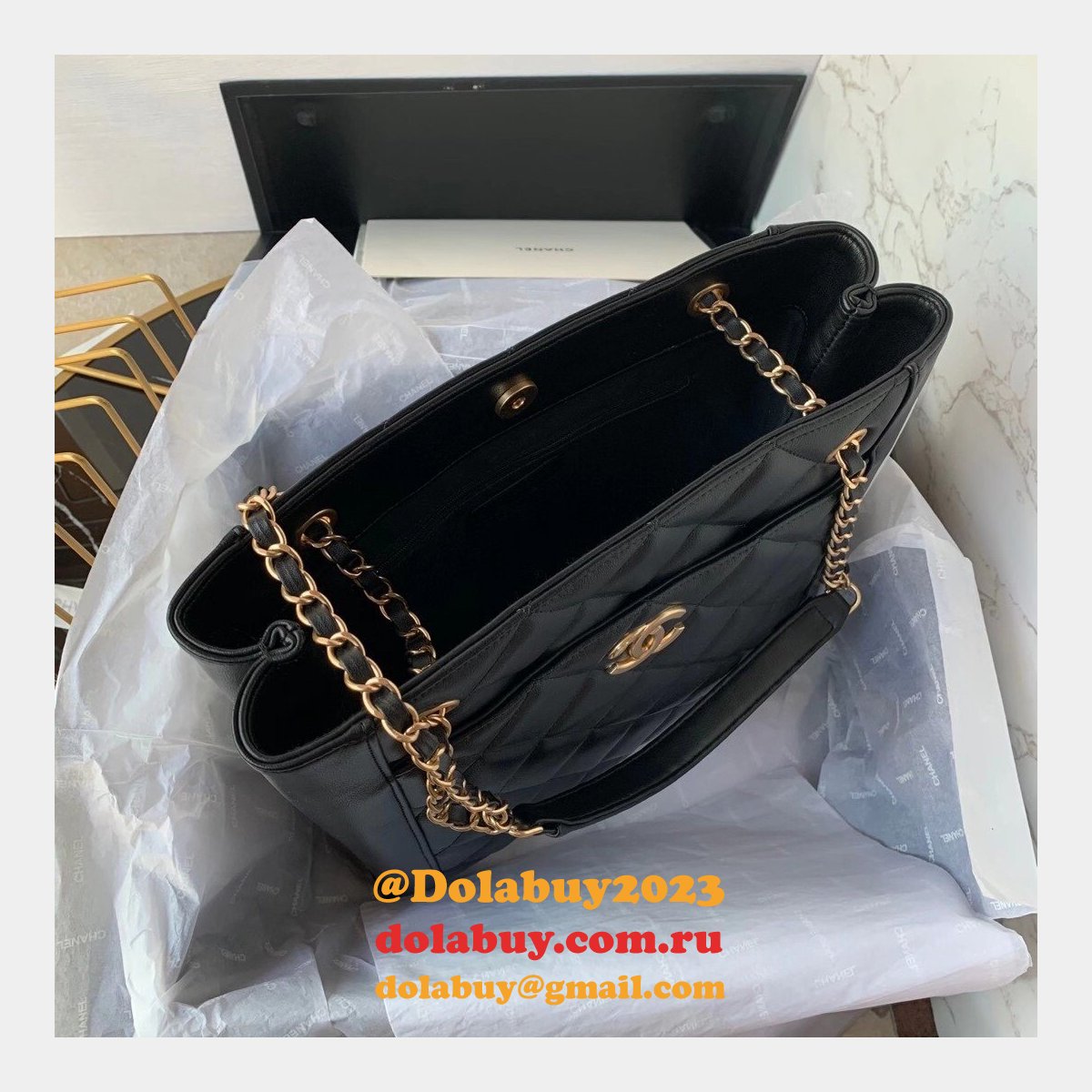 CC Small Shopping Replica Black Bag calfskin & gold-tone metal