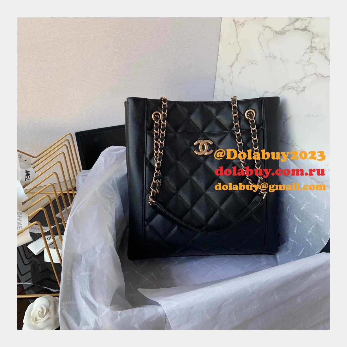 CC Small Shopping Replica Black Bag calfskin & gold-tone metal