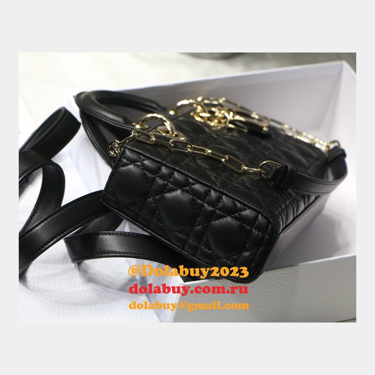 Dior High Quality Replica Black/White Lady Dior Cannage Tech Pouch 26cm