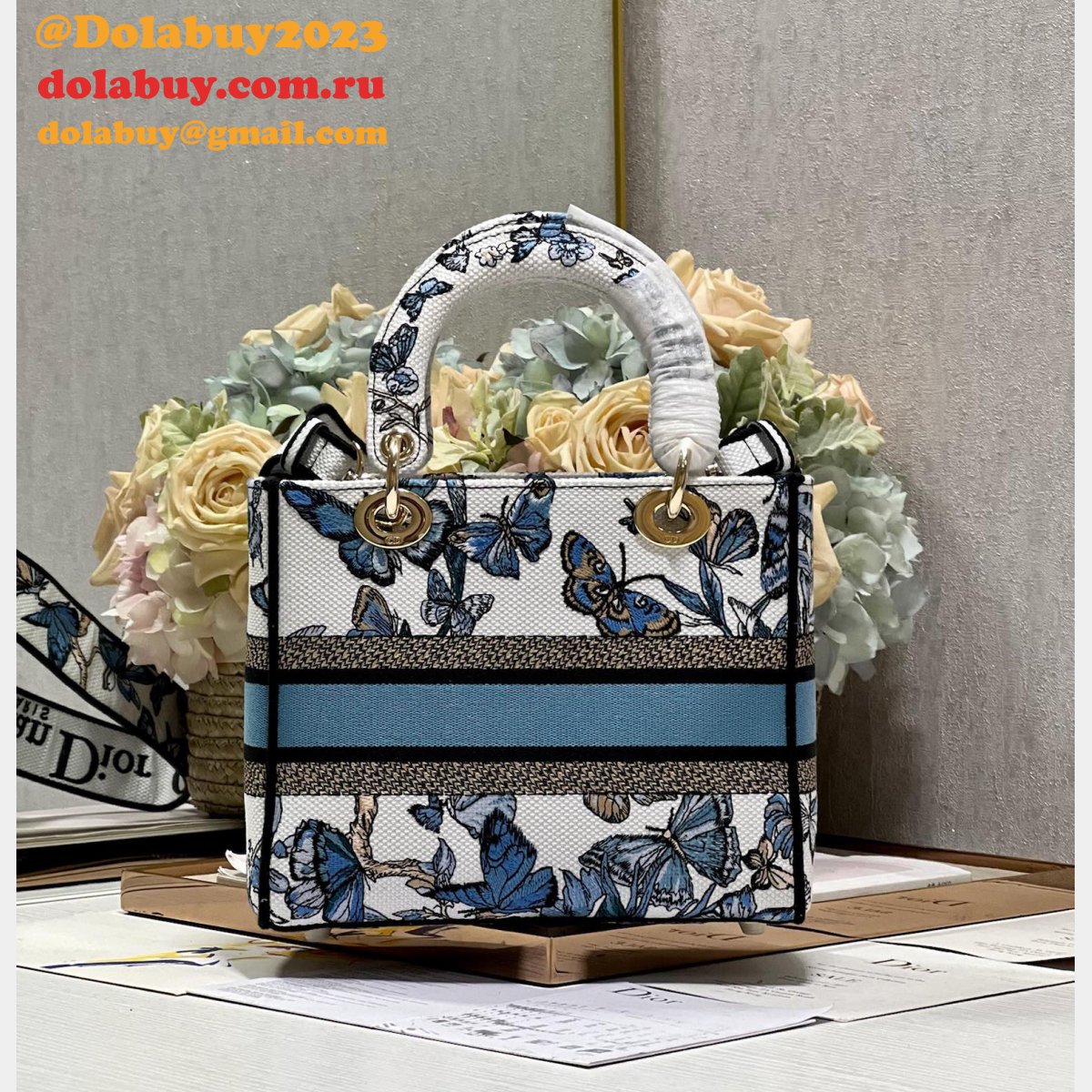 Blue/Pink Christian Dior Fake 9027 Five Grid Embroidery Lady Bag