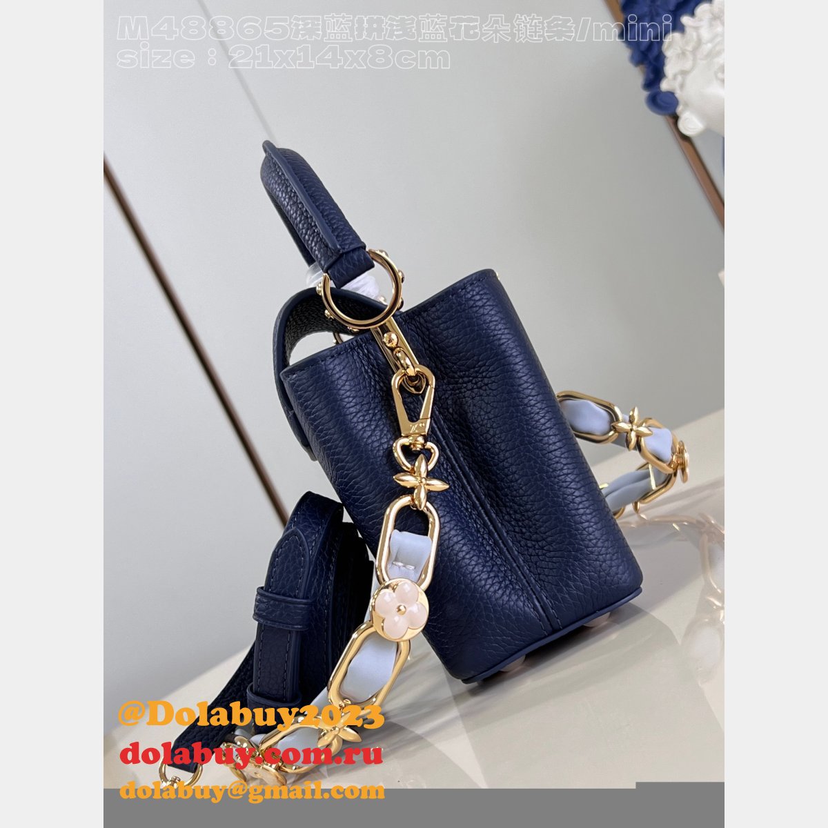 Louis Vuitton M48865 Dark Blue Light Flower Chain Capucines Replica Handbag
