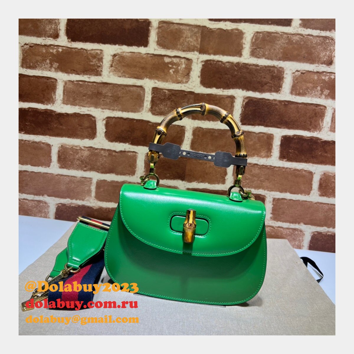 perfect G*u*i copy 675797 small top handle pink/green bag with bamboo