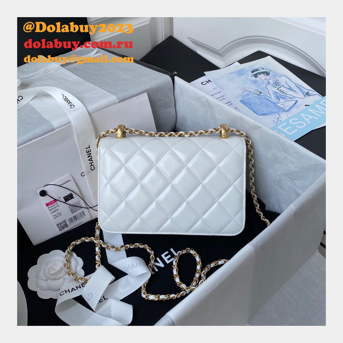 Designer Replica Calfskin & Gold-Tone Metal White Mini Flap AS2615 Bag