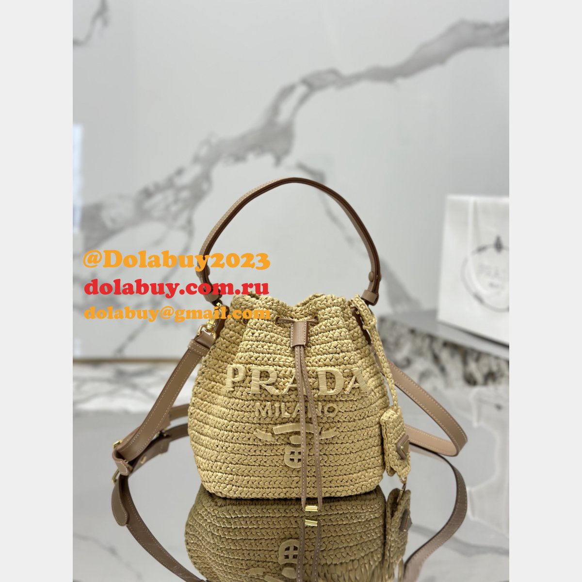 Top Quality Prada Woven drawstring bucket bag 1BE068