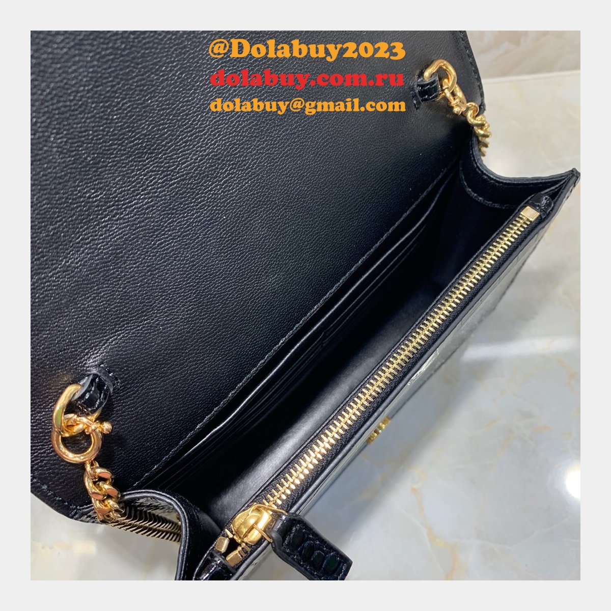 Replicas YSL Monogram chain wallet black 19cm grain de poudre