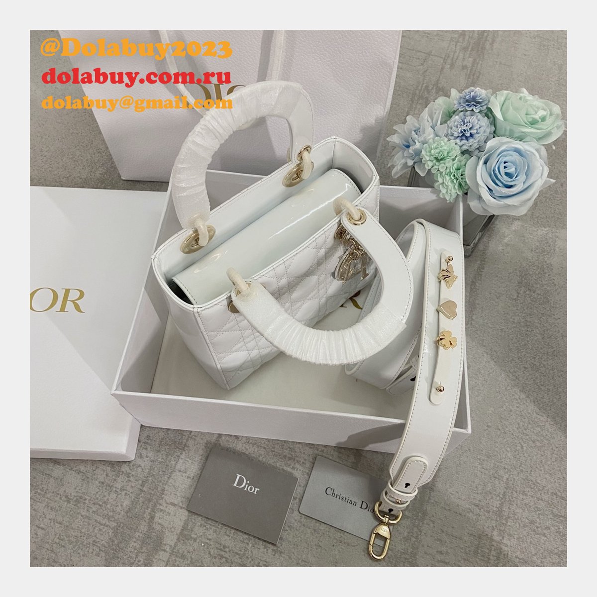 Best DIOR LADY Wholesale PATENT LEATHER HANDBAG 20cm white